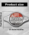 Honda Radiator Cap Replacement Red Metal Cap Cover For 1994 To 2006 Accord 1992 To 2005 Civic 1997 To 2005 CR V 1995 To 2007 Odyssey And 2003 To 2008 Pilot With Easy Install showing product size and warning label