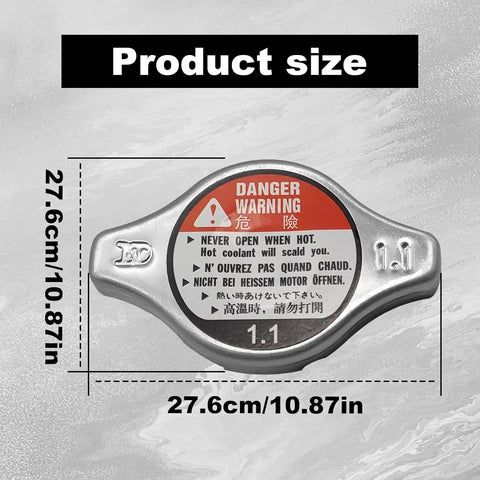Honda Radiator Cap Replacement Red Metal Cap Cover For 1994 To 2006 Accord 1992 To 2005 Civic 1997 To 2005 CR V 1995 To 2007 Odyssey And 2003 To 2008 Pilot With Easy Install showing product size and warning label