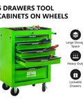 Heavy Duty 21 Inch Lockable Rolling Tool Cabinet With Ball Bearing Slides Sturdy Steel Worktop And Park Lock Casters For No Fuss Garage Organization Green with six drawers and tools on top.