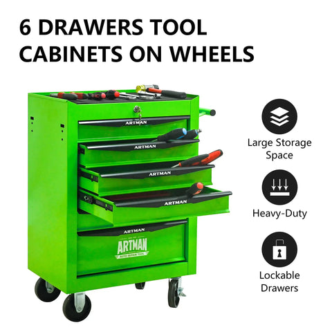 Heavy Duty 21 Inch Lockable Rolling Tool Cabinet With Ball Bearing Slides Sturdy Steel Worktop And Park Lock Casters For No Fuss Garage Organization Green with six drawers and tools on top.