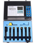 Five Eighths Inch Shank 7 Piece Indexable Turning Tool Set With Extra Inserts TiN Coated C6 Carbide For Steel includes holders and inserts.