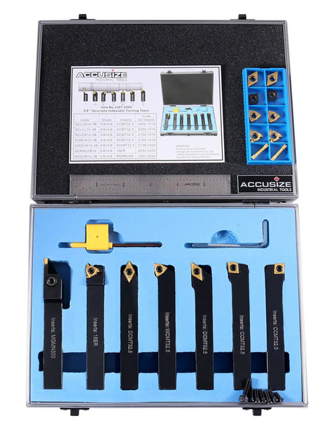 Five Eighths Inch Shank 7 Piece Indexable Turning Tool Set With Extra Inserts TiN Coated C6 Carbide For Steel includes holders and inserts.