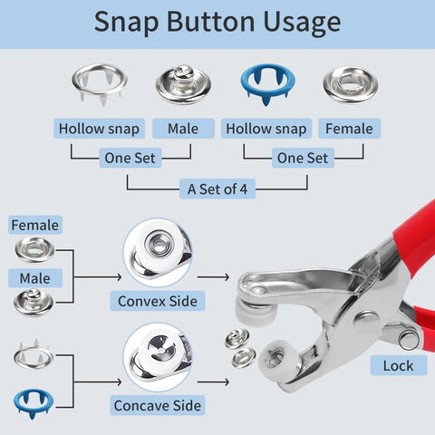 Diagram showing Nifty 9.5 Mm Hollow Metal Snap Fasteners Kit With Pro Level Pliers usage for installation and types of snaps.