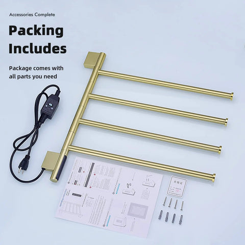 Swivel 4 Arm Towel Warmer Rack With Built In LED Timer Indicator Wall Mounted Plug In Electric Towel Heater in brushed gold with parts.