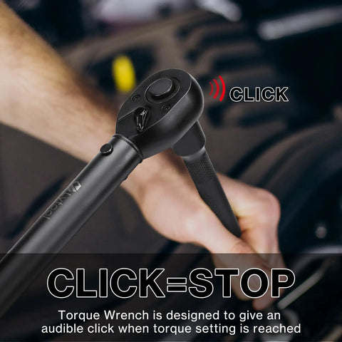 Three Piece Torque Wrench Set With 1/4, 3/8, And 1/2 Inch Drives Click Type Torque Wrenches For Bikes, Motorcycles, Cars, And Workshop Use, Ranging 10-220 In-Lb, 5-45 Ft-Lb, And 10-170 Ft-Lb click-stop ratchet head on black metal wrench