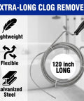 Wipe Out Stubborn Hair Clogs Fast With This Flexible Metal Drain Snake 10 Foot Auger Clears Sink Shower And AC Lines Quick So Your Pipes Run Smooth Every Single Time, showing a 120 inch long flexible galvanized steel auger.