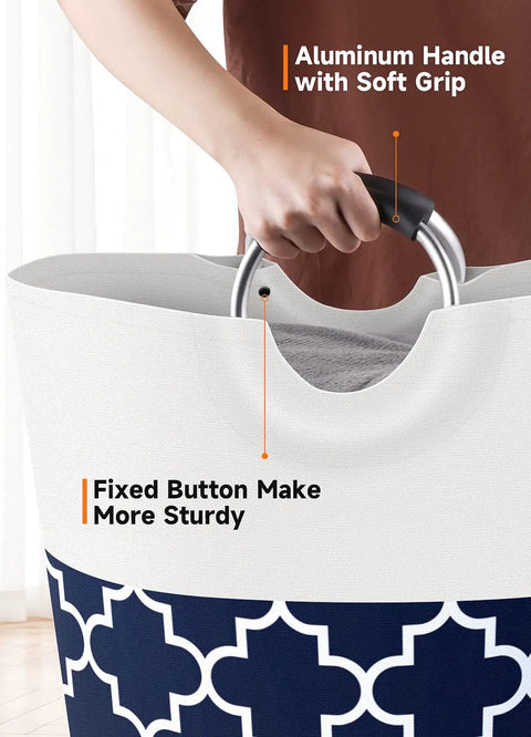 Large Collapsible Laundry Basket With Tall Aluminum Soft Grip Handles Waterproof Hamper 75L Capacity For Travel And College Dorms The Ultimate Laundry Storage For Bathroom And Family Blue close-up of handle