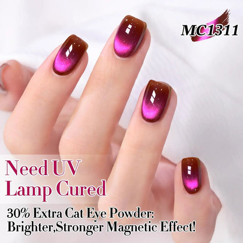 Cherry Burgundy Cat Eye Gel Nail Polish With Magnetic Effect, holographic glitter, sheer color, salon quality DIY nails.