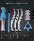 Built Tough Heavy Duty Hydraulic Puller Splitter Tool 50T Capacity parts including pump body, handle, and claws displayed on a black background