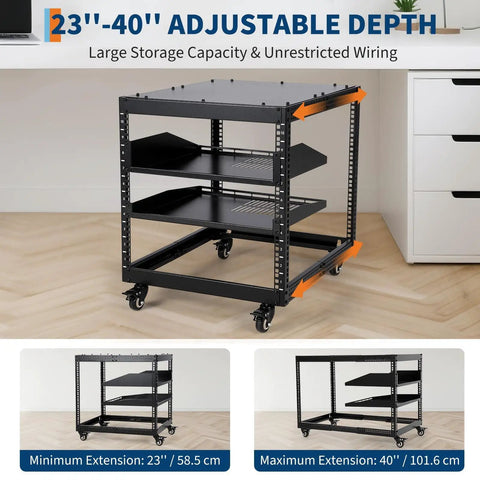 Rock Solid 15U Open Frame Network Server Rack Wall Mount Or Floor Stand Adjustable Depth 23 To 40 Inches with shelves on wheels