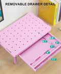 Pink Monitor Stand With Storage, Desk Riser And Laptop Elevation, showing removable drawer and airflow vents with dimensions.