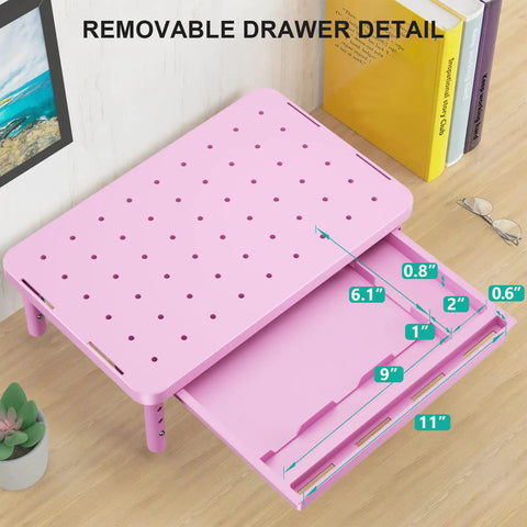 Pink Monitor Stand With Storage, Desk Riser And Laptop Elevation, showing removable drawer and airflow vents with dimensions.