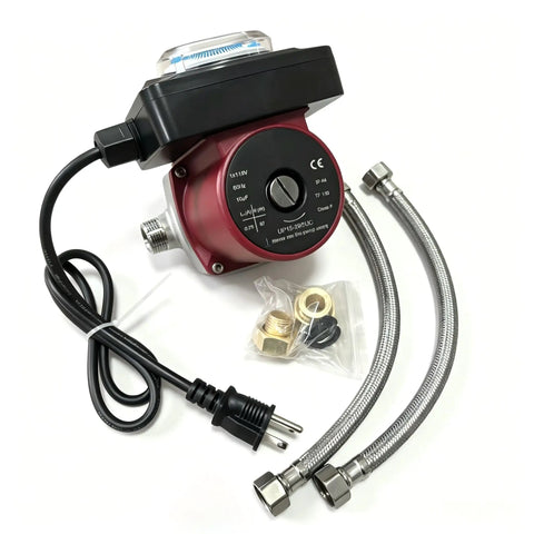 Premium 115V Hot Water Pressure Booster Pump ThreeSpeed Stainless Steel Circulator with installation kit and connectors.