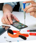 Person using tools on a phone motherboard beside a Phone Screen Opening Tool With Suction Cup Pliers For Easy DIY Repairs.