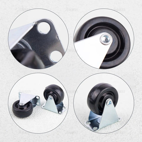 Heavy Duty 1.5 Inch Rubber Caster Wheels 4 Pack Fixed Rigid Non Swivel Casters For Furniture Rolls Like Butter Black with sturdy metal top plate.