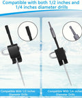 Fourteen Piece Ice Fishing Anchor Tool Kit With Drill Adapter showing 1/2 and 1/4 inch compatible anchor drill heads on ice backdrop