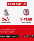 Craftsman customer service and warranty information, featuring 24/7 support, 3-year limited warranty, and customer contact icons.