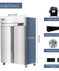 Heavy Duty Commercial Freezer Double Door Reach In 36 Cu Ft Premium Stainless Steel side view with dimensions and components.