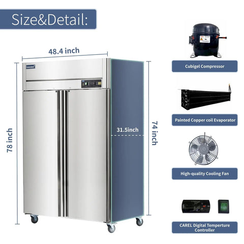 Heavy Duty Commercial Freezer Double Door Reach In 36 Cu Ft Premium Stainless Steel side view with dimensions and components.