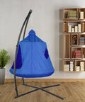 X Shaped Hanging Tree Tent With Swing Chair And Canopy, Steel Frame Hammock Stand For Indoor And Outdoor Use, Blue in room