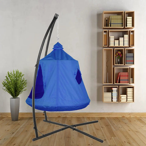 X Shaped Hanging Tree Tent With Swing Chair And Canopy, Steel Frame Hammock Stand For Indoor And Outdoor Use, Blue in room