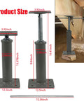 Heavy Duty Adjustable Floor Jacks, 11.8 to 16 Inch Telescoping Height, 11,000 Lb Capacity Per Jack, 2 Pack, shown in detailed dimensions and installed in a crawlspace.