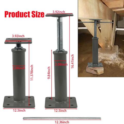 Heavy Duty Adjustable Floor Jacks, 11.8 to 16 Inch Telescoping Height, 11,000 Lb Capacity Per Jack, 2 Pack, shown in detailed dimensions and installed in a crawlspace.
