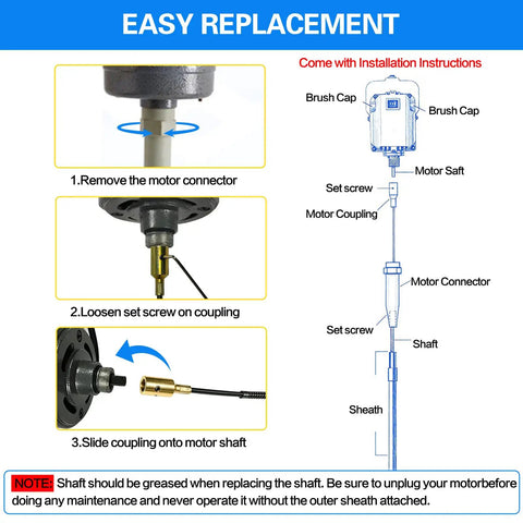 Diagram showing installation steps for Flexible Shaft Replacement Kit 39 Inch S-93 Shaft And S-77 Sheath For Rotary Tools, with inset images.