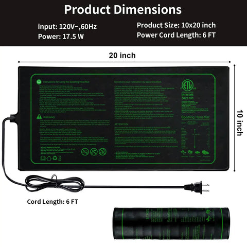 20 Inch By 10 Inch Waterproof Seedling Heat Mat With ETL Certification For Consistent Germination, Indoor Plant Growing, Hydroponics, And Seed Starting In Greenhouse And Cuttings