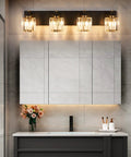 Modern Crystal Vanity Light Fixture For Bathroom Four Light Bar in Black and Gold Finish with E12 Bulb over bathroom mirror