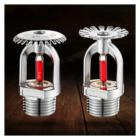 Five Piece Set Heavy Duty Downward Fire Sprinkler Heads Offering Automatic Spray Action For Quick Sixty Eight Degree Activation And No Fuss Plug And Play Commercial Or Residential Upgrades, chrome finish, close-up view.