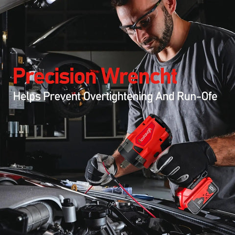 Mechanic using Half Inch Compact Impact Wrench With FRIC Ring 250 Ft Lb Breakaway Torque Brushless Motor Four Mode