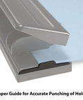 Side view of a three-hole punch paper guide with 9/32 inch holes, part of the Three Hole Punch For Home Or Office No Fuss 8 Sheet Capacity.