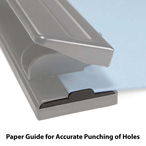 Side view of a three-hole punch paper guide with 9/32 inch holes, part of the Three Hole Punch For Home Or Office No Fuss 8 Sheet Capacity.