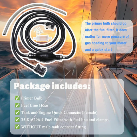 Outboard Fuel Line Hose Kit 5/16 Inch 10 Ft Replacement For Yamaha Mercury Johnson Marine Outboards 4 HP To 200 HP With Primer Bulb Tank Quick Female Connector And Fuel Filter on sailing boat background