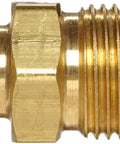 Brass Half-Union Tube Fitting Three Eighths Inch Flare To One Quarter Inch Male Pipe Connector for plumbing, side view.