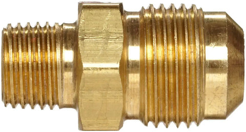 Brass Half-Union Tube Fitting Three Eighths Inch Flare To One Quarter Inch Male Pipe Connector for plumbing, side view.
