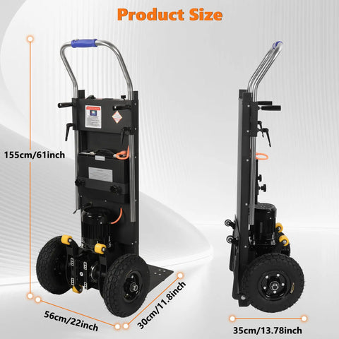 Heavy Duty Electric Stair Climbing Dolly 1500W Powered Hand Truck dimensions showing height, width, and depth specifications.