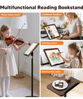 All In One Floor And Desktop Wooden Book And Music Stand That Do It All With Solid Wood Build Adjustable Height from Sixteen Point Five To Fifty One Inches Hands Free Reading Stand with Page Clip for Cookbooks Sheet Music Bible Office And Home used as music sheet stand and cookbook holder