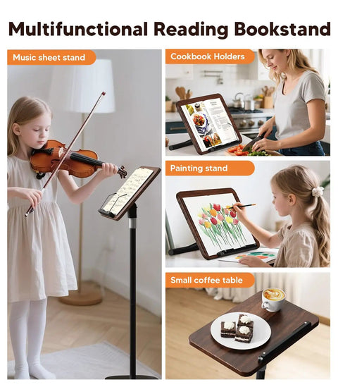 All In One Floor And Desktop Wooden Book And Music Stand That Do It All With Solid Wood Build Adjustable Height from Sixteen Point Five To Fifty One Inches Hands Free Reading Stand with Page Clip for Cookbooks Sheet Music Bible Office And Home used as music sheet stand and cookbook holder