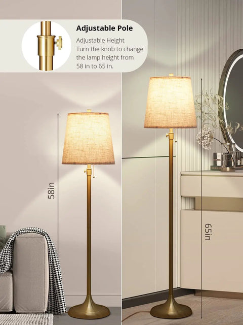Modern Floor Lamp With Dimmable 9W LED 3 CCT Color Temp Pull Chain Adjustable 58 To 65 Inch Height Dual Linen Shades