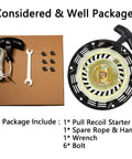 Pull Start Recoil Starter Assembly For Predator 212 Coleman 200cc Mini Bike KT196 shown with spare rope, handle, wrench, bolts
