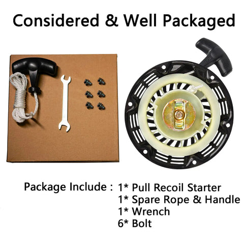 Pull Start Recoil Starter Assembly For Predator 212 Coleman 200cc Mini Bike KT196 shown with spare rope, handle, wrench, bolts