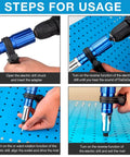 Instruction steps for using Rivet Adapter Drill Kit For Quick Auto Body Repairs, Cordless Riveting System With Durable Metal Head.