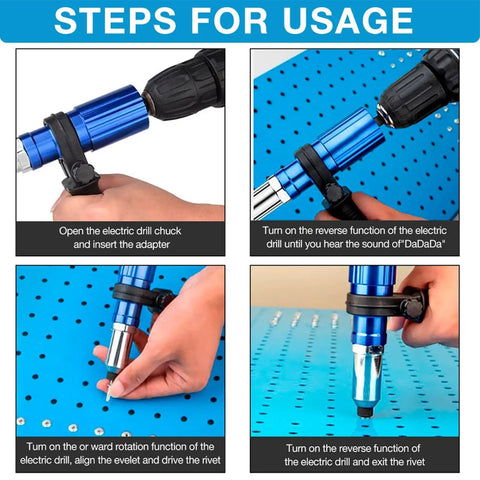 Instruction steps for using Rivet Adapter Drill Kit For Quick Auto Body Repairs, Cordless Riveting System With Durable Metal Head.