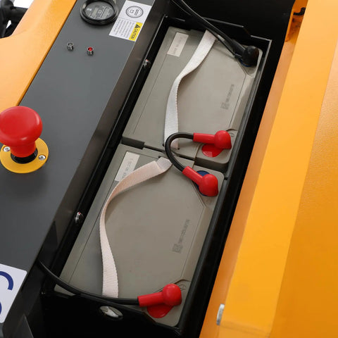 Heavy Duty 2200 Lb Counterbalanced Electric Pallet Stackers With Full Mast And Straddle Forks Reaching 98 Inches High battery compartment with connections