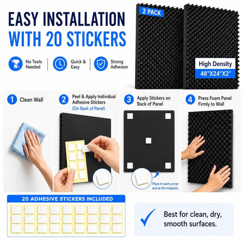 Two Pack Black Egg Crate Acoustic Foam Wall Panels With Peel And Stick Backing For Home Studios High Density Sound Dampening Tiles on easy installation guide.
