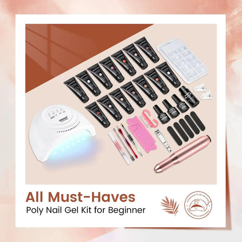 All In One Poly Gel Nail Extension Kit With Drill And 48W UV LED Lamp For At Home Spa Use, 14 Color Poly Gel, various tools displayed