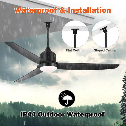 Waterproof Outdoor Ceiling Fan With Light 52 Inch With App And Remote Control Three Color LED Light Dope Quiet Energy Efficient DC Motor For Patio Gazebo Black Finish For Outdoor Living under rain with IP44 rating