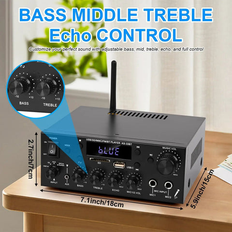 Powerhouse 2 Channel 500W Bluetooth 5.0 Home Audio Amplifier on wooden table showing bass and treble controls